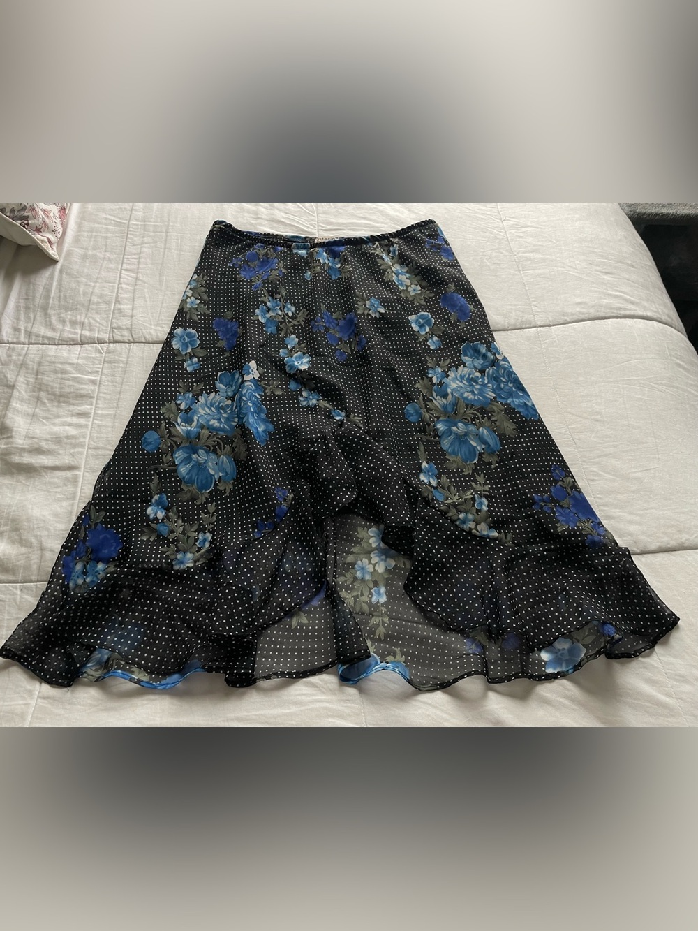 Vintage Black Polka Dot Blue Floral Ruffle Mini Slip Skirt Large Whimsigoth 90s